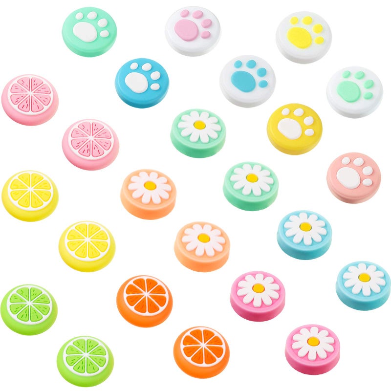 Sumind 24 Pieces Replacement Soft Silicone Cat Paw Flower and Fruit Lemon Design Thumb Grip Caps Analog Stick Cover Joystick Cap Luminous Cover Compatible with Nintendo Switch/Switch Lite Controller - Image 1